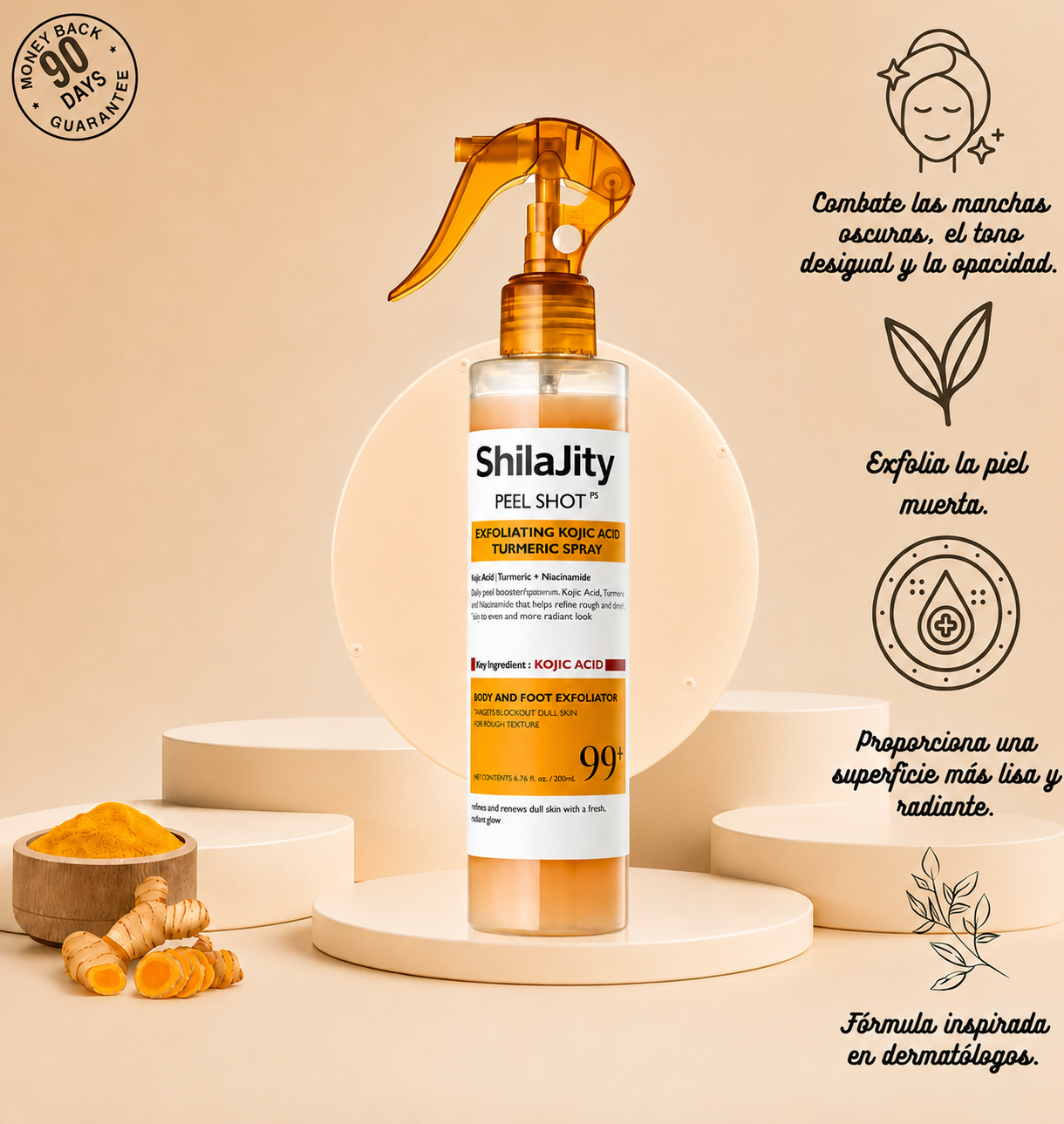 Veilosy Peel Shot - Spray exfoliante corporal con ácido kójico y cúrcuma